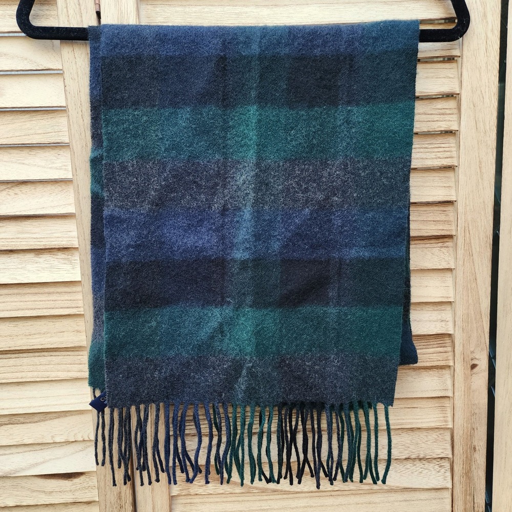 Club Room Blue Green 100% Cashmere Plaid Tartan Fringe Scarf Classic Luxury
